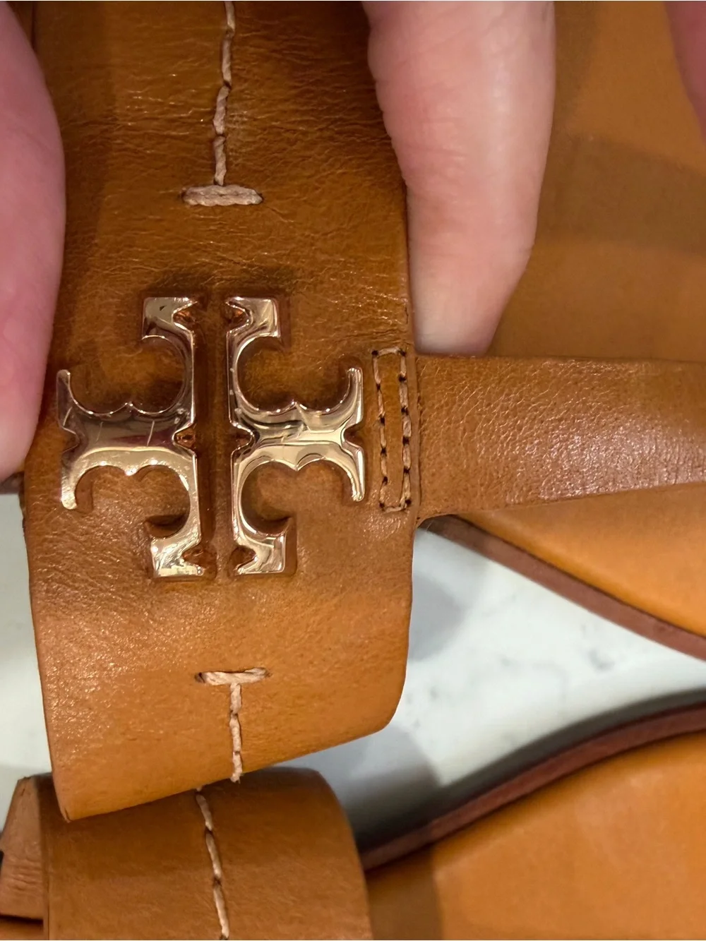 Tory Burch Cognac Leather Thong Sandals with Logo Hardware